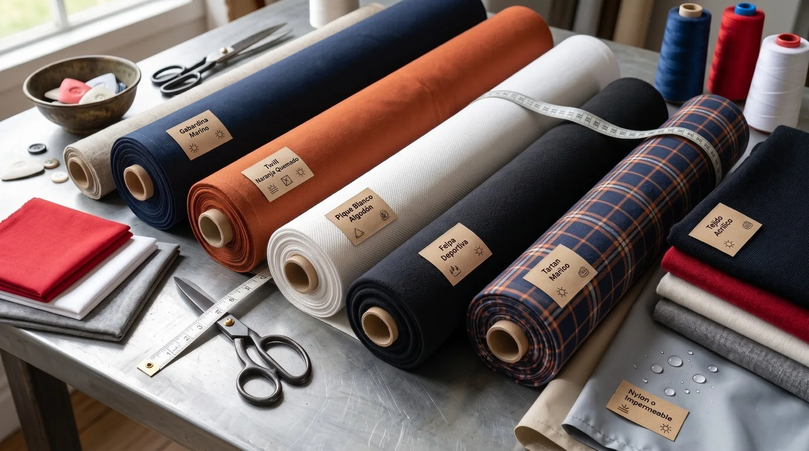 Rollos de tela para uniformes con sus etiquetas, tijeras y cinta métrica sobre la mesa de corte