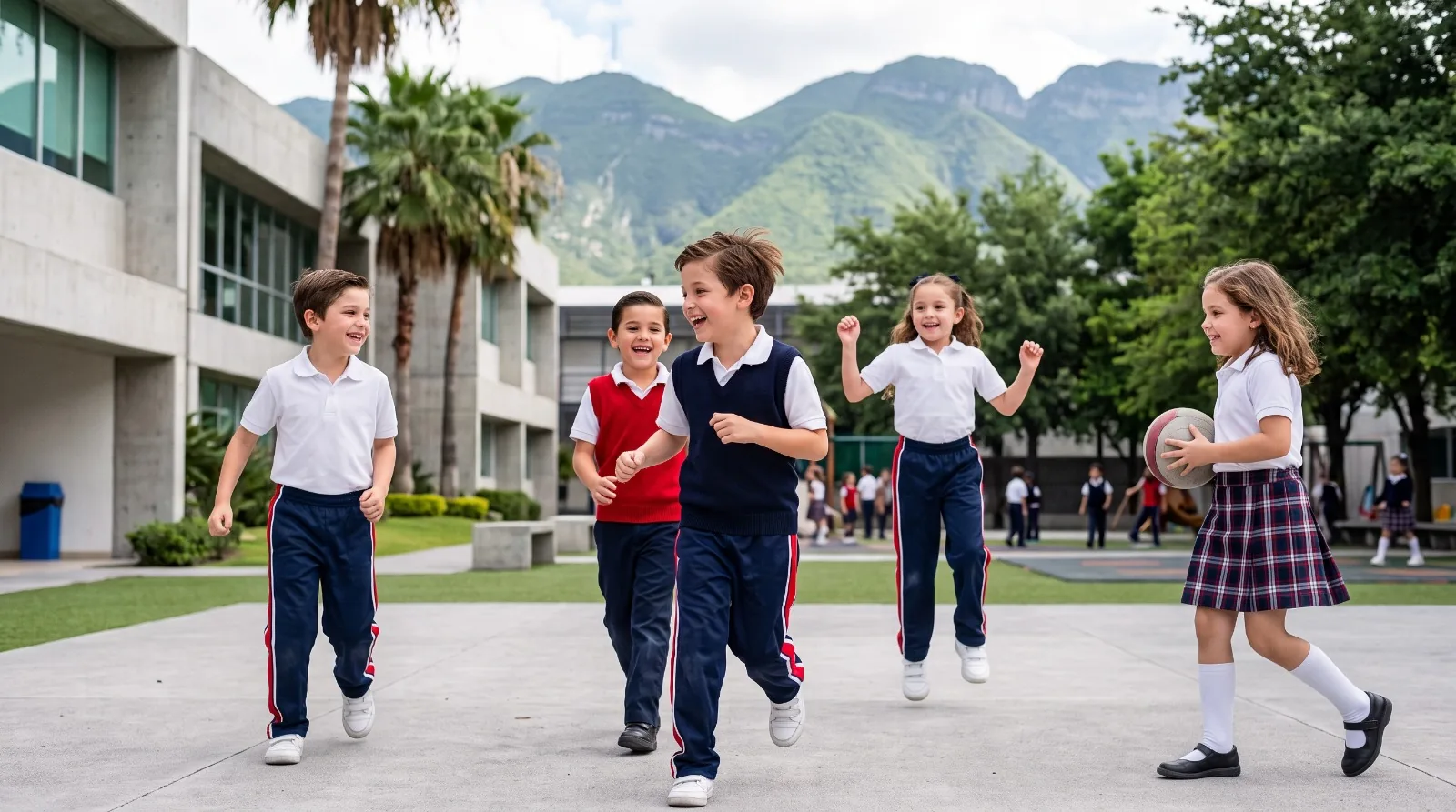 Niños con uniforme escolar jugando en el patio de la escuela, con montañas al fondo